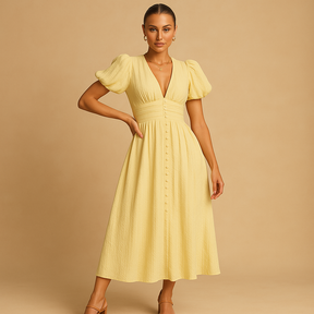 Alina flowy button-front maxi dress with long sleeves for women, featuring lightweight breathable fabric and graceful all-season silhouette