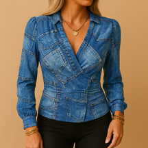 Women’s long sleeve V-neck top made from soft stretch fabric, offering a flattering fit for casual or semi-formal outfits