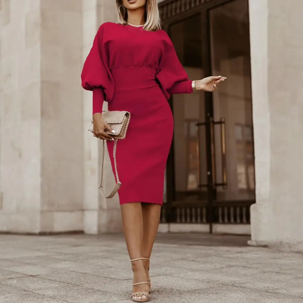 Batwing Sleeve Midi Dress - Elegant Fit