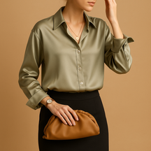 Women’s silk blouse with a tailored fit and smooth drape, perfect for fall elegance and versatile everyday sophistication